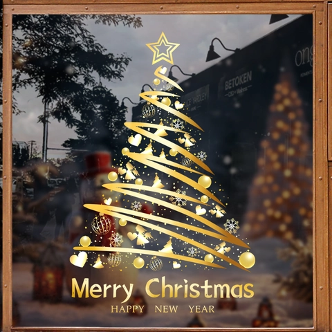 Christmas Window Stickers Gold Christmas Tree Static Cling Double Sided PVC No Glue Snowflake Decals Holiday Decor