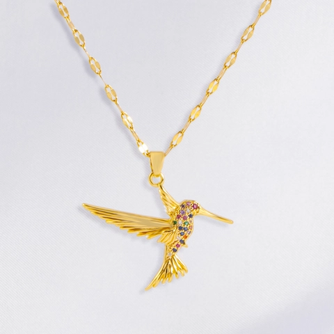 Collier Pendentif Colibri Acier Inoxydable Zircon Coloré Plaqué Or Bijoux Animaux Délicats Pour Femmes