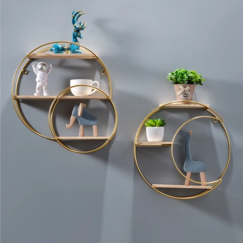 Nordic Wall Mounted Floating Shelves Geometric Metal Iron And Solid Wood No Drill Decorative Storage Rack For Living Room