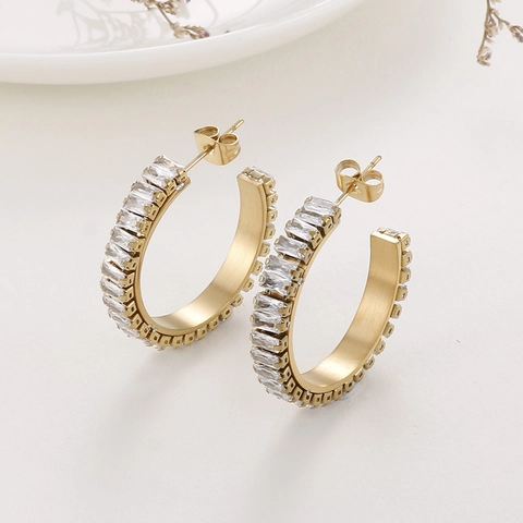 C-Shaped Hoop Earrings Stainless Steel Inlaid Cubic Zirconia Geometric Trendy Fashionable For Women