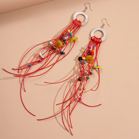 Pendientes Largos Con Borlas Bohemias Con Anillo Blanco De Concha Cuentas De Madera Multicolores Cuerda Roja Y Poste De Acero