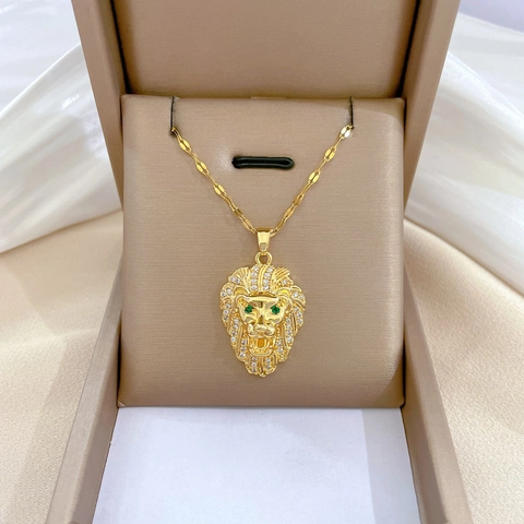 Collana Con Pendente Testa Di Leone Catena In Acciaio Inossidabile Ottone Intarsiato Strass Gioielli Di Lusso