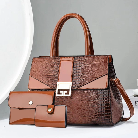 Damen Handtasche Umhängetasche Und Clutch Und Kartenhalter Krokodilmuster PU-Leder Glänzend Große Kapazität G-Schnalle Modisch