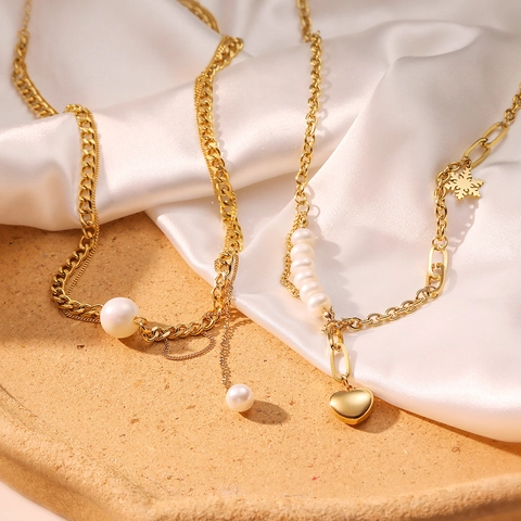 Heart Pendant Necklace For Women Double Layer Titanium Steel Chain With Faux Artificial Pearl Snowflake Charm Gold Plated Jewelry
