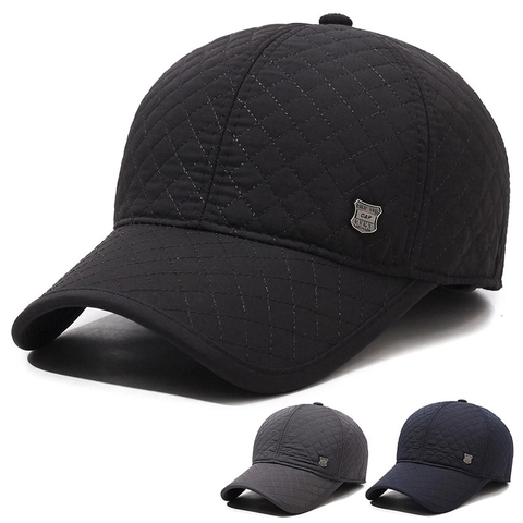 Cappello Da Baseball Uomo Inverno Trapuntato Antivento Caldo Protezione Orecchie Regolabile Logo Metallo Sport All'Aperto