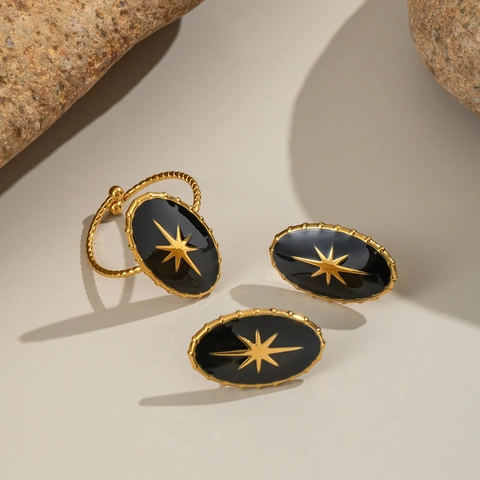 Vintage Starburst Jewelry Stainless Steel Enamel Oval Earrings And Adjustable Open Ring For Women Waterproof Luxury