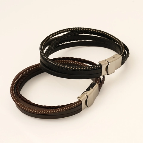 Herren Armband Mehrlagig Geflochtenes Leder Mit Edelstahl Magnetverschluss Vintage Lässiger Modeschmuck
