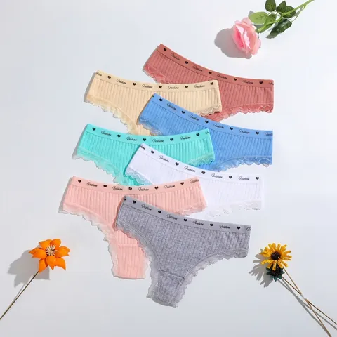 Dames Geribbelde Katoenen Strings Lage Taille Ademend Kant Elastische Tailleband Hart Fashion Print Comfortabel Ondergoed