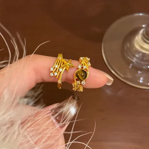 Δαχτυλίδι Star Meteor Και Vintage Brown Tiger Eye Stone Ring 18K Gold Plated Copper Με Ζιργκόν Για Γυναίκες