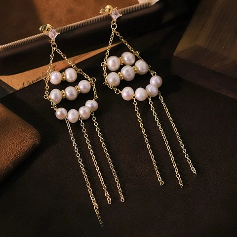 Artificial Pearl Tassel Drop Earrings With 925 Sterling Silver Earring Post Gold Plated Zircon Elegant Women Jewelry