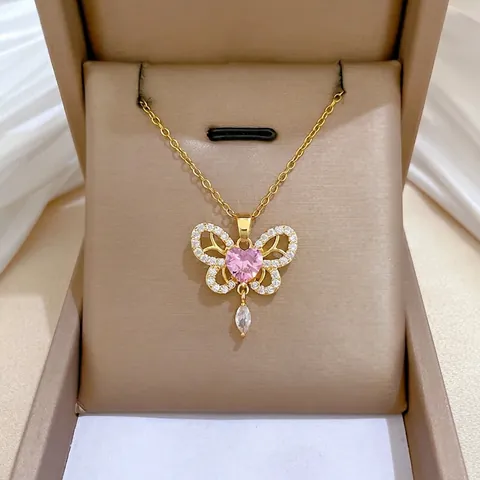 Collier Pendentif Papillon Avec Pierre Rose En Forme De Cœur Chaîne En Acier Inoxydable Or Strass Pour Femmes