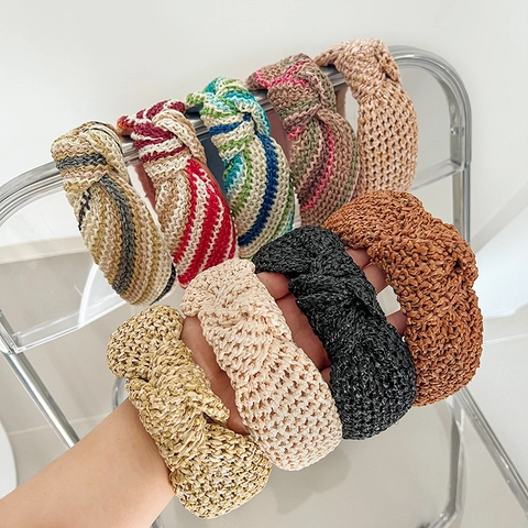 Woven Straw Knotted Headband Wide Brim Twisted Hairband Bohemian Striped Hair Accessories For Women Beach Vacation Style