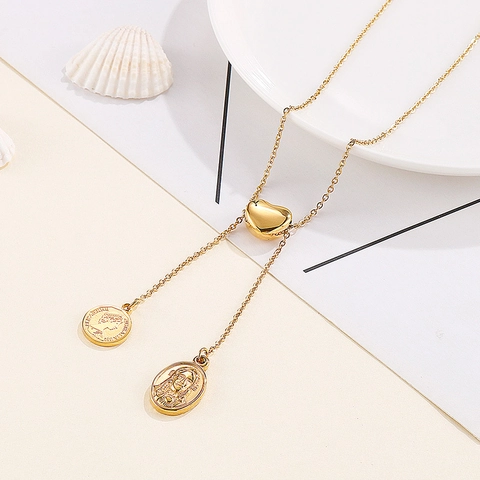 Collana Lariat In Acciaio Inossidabile Con Scorrevole Cuore Doppi Pendenti Moneta Ritratto Medalla Religiosa Per Donne