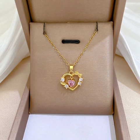 Herz Anhänger Halskette Rosa Herz Zirkon Schleife Blatt Edelstahl Goldkette Damen Schlüsselbein Schmuck