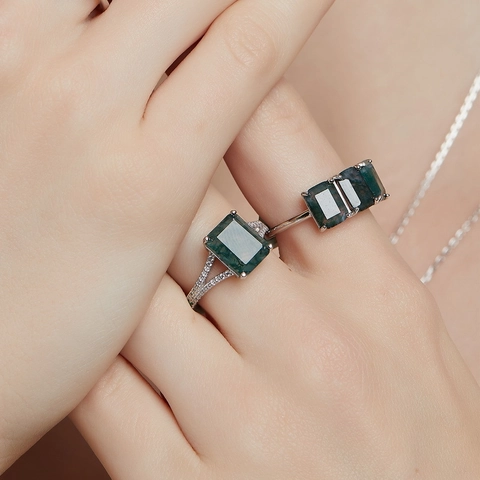 Anello In Argento Sterling 925 Con Agata Muschiata Verde Naturale Pietre Rettangolare Gioielli Vintage Donna