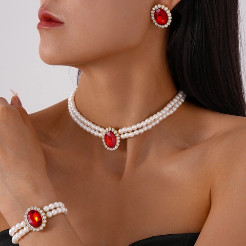 Gioielli Eleganti Donne Collana Bracciale Orecchini Doppio Strato Künstliche Perle Imitazione Ovale Strass Vintage Lusso