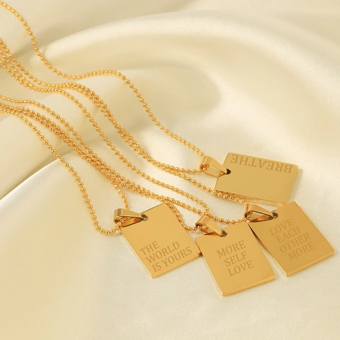 Stainless Steel Gold Plated Rectangular Pendant Necklace With Engraved Inspirational Words Ball Chain Minimalist Jewelry