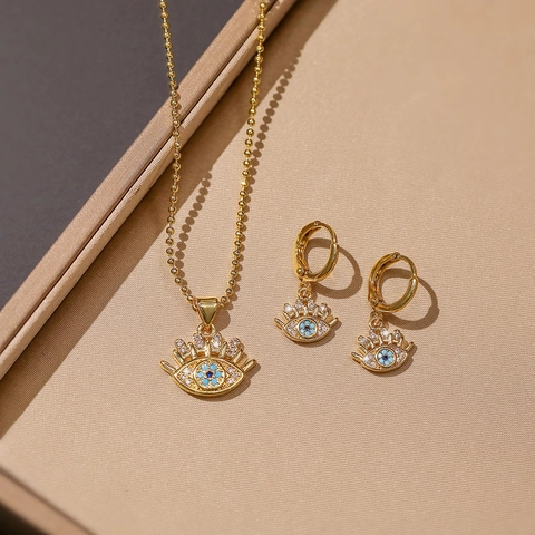 Evil Eye Halskette Und Ohrringe Schmuck 18K Vergoldetes Kupfer Mit Zirkonia Eingelegt Mode Pendeln Für Frauen Geschenk