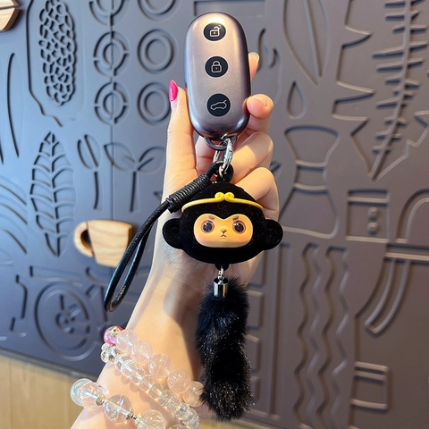 Mythical Monkey King Keychain Faux Fur Bag Charm With Gourd Tassel Leather Cord Car Key Ring Ornament Novelty