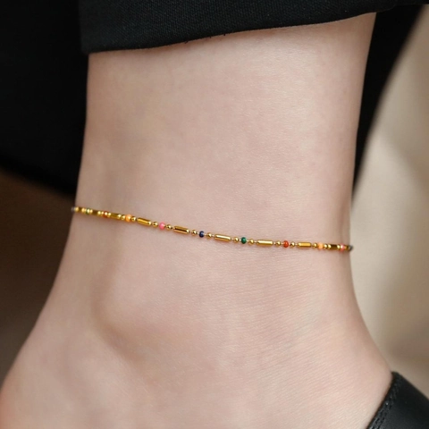 Conjunto de Joyas de Acero de Titanio con Cuentas de Colores Minimalista Collar Pulsera Tobillera de Esmalte Dorado para Mujer Joyería