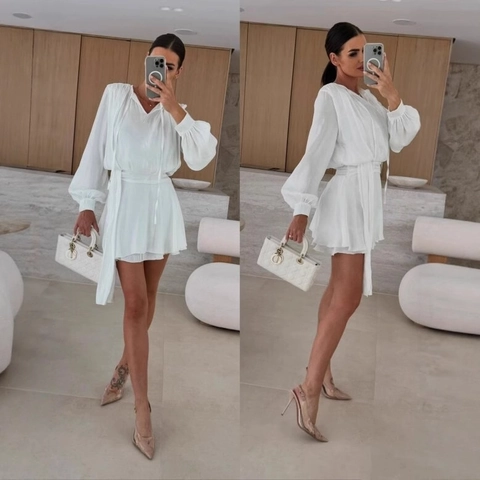 Elegantes Satin V-Ausschnitt Mini Kleid Lange Laternenärmel Bindegürtel Lässige A-Linie Einfarbig Anspruchsvolle Pendlerkleidung