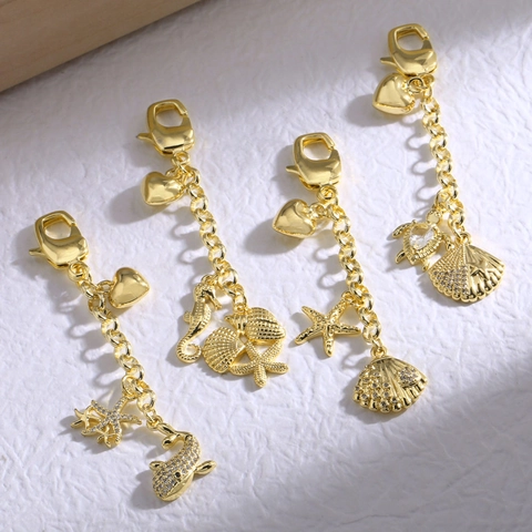 Llavero De Tema Oceánico Estrella De Mar Concha Tortuga Cobre Bañado En Oro 18K Circonita Colgante Para Bolso