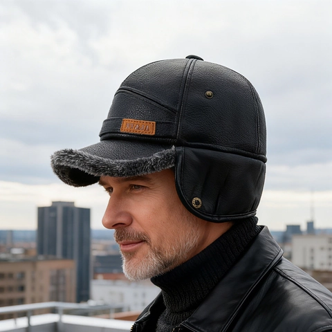 Gorra De Béisbol De Cuero PU Para Hombre Con Orejeras Forro De Piel Sintética Gruesa Cálida A Prueba De Viento Al Aire Libre