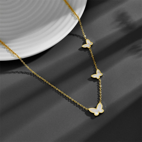Butterfly Necklace Stainless Steel Gold Plated Mother Of Artificial Pearl Shell Pendants Elegant Fashion Jewelry For Women