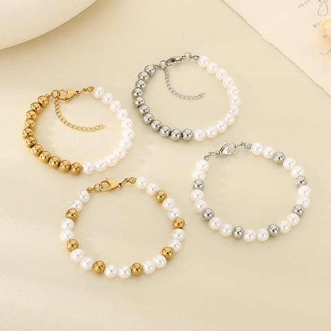 Pulsera De Cuentas Minimalista Acero Inoxidable Y Perla Artificial De Vidrio Apilable Joyas De Mano Elegantes Para Mujeres