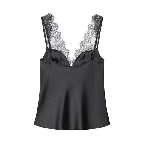Women Lace Trim Satin Camisole V Neck Adjustable Straps Ruffle Hem Sexy Party Nightclub Elegant Top Black