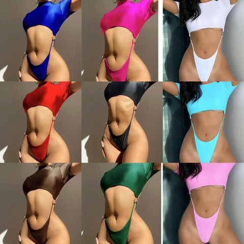 Women Sexy One Piece Swimsuit Short Sleeve Cutout Monokini Nylon Spandex Bathing Suit With Metal Rings High Cut Thong