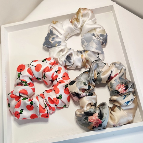 Damen MaulbeerSatin Scrunchies Breite Elastische Haargummis Floral Kirsche Leopard Print Vintage Französischer Stil Handgefertigt