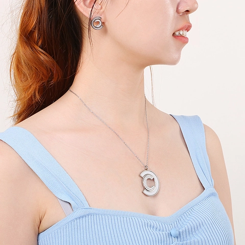 C Shape Stainless Steel Jewelry Set Mother Of Artificial Pearl Shell Inlay Rhinestone Necklace And Earring Set For Women