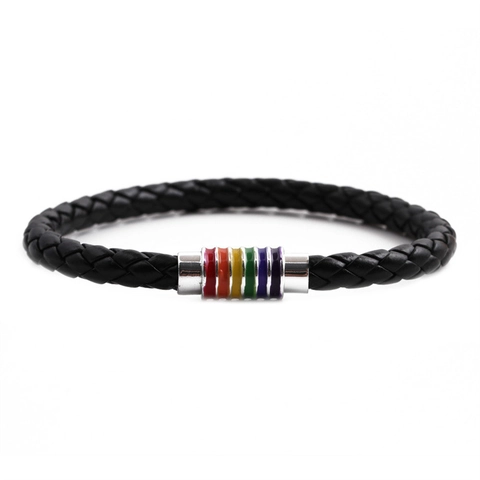 Bracelet pour Hommes en Cuir Véritable Tressé Fermoir Magnétique en Acier Inoxydable Émail Arc-en-Ciel Chiffres Romains Bracelet Bijoux