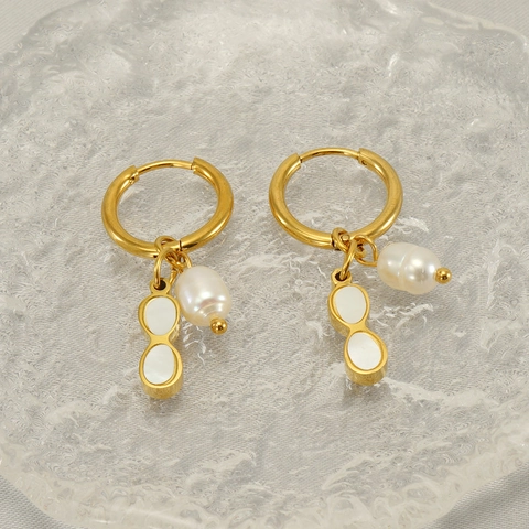 Pendientes De Aro Acero Inoxidable Chapado Oro 18K Perla Artificial Natural Concha Colgante Geométrico Moda Elegante Mujer Joyería