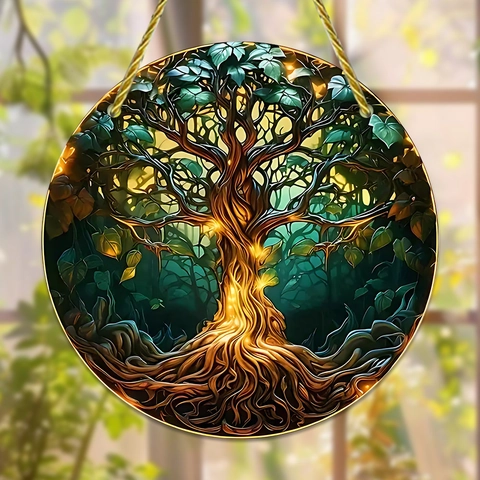Green Tree Of Life Stained Glass Style Acrylic Round Suncatcher For Outdoor Window Porch Home Garden Wall Art Decor