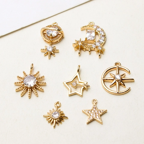 Sun Moon Star Planet DIY Pendants Copper Gold Plated Cubic Zirconia Celestial Charms For Jewelry Making Necklaces Earrings