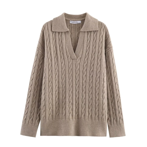 Women Cable Knit Sweater Polo Collar V Neck Solid Color Long Sleeve Casual Soft Pullover Knitwear