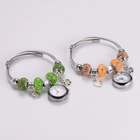 Orologio Bracciale Charm Da Donna Acciaio Inossidabile 316L Lega Perline Cristallo Ciondolo Cuore Quadrante Quarzo Regolabile