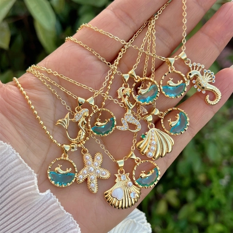 Collana Con Pendente Tema Oceano Rame Placcato Oro 18K Zirconia Cavalluccio Marino Sirena Conchiglia Pietra Blu Gioielli Donna