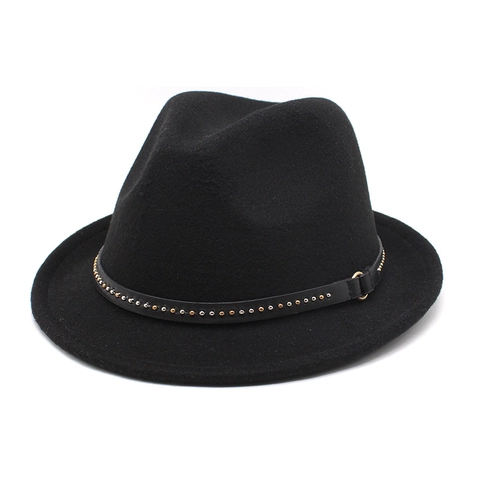 Klassischer Fedora Hut Wollfilz Breite Krempe Mit Metallnieten Lederband Vintage Jazz Kappe Für Herren Damen Herbst Winter