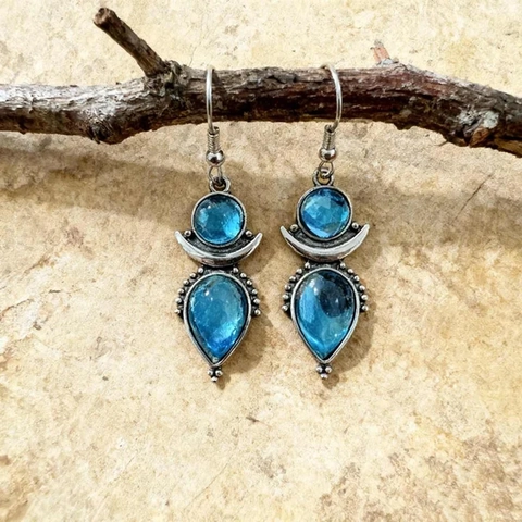 Vintage Bohemian Blue Resin Gemstone Teardrop Crescent Moon Alloy Hook Earrings For Women Ethnic Jewelry Gift