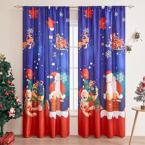 Christmas Printed Curtains Polyester Santa Claus Snowman Reindeer Pattern Semi Blackout Holiday Home Decor Window Drapes