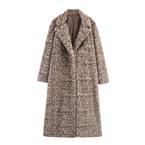 Lange Jas Van Imitatiebont Voor Dames Luipaardprint Reverskraag Warme Winter Streetwear Outerwear