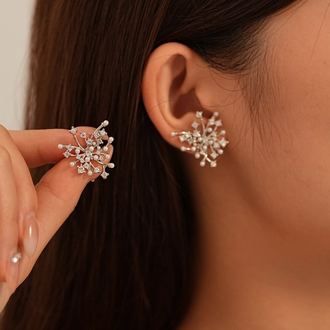 Pendientes De Botón Con Flor Cobre Circonita Perla Artificial De Imitación Joyas Con Poste De Plata Brillante Elegante Para Mujer