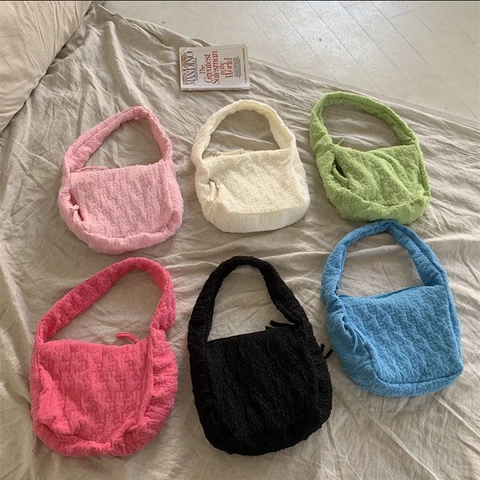 Bolso De Hombro Plisado Para Mujer Nylon Textura De Burbuja Bolso Hobo De Axila Elegante Minimalista Color Sólido Casual