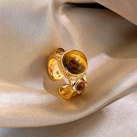 Vintage Tiger Eye Stone Open Ring Gold Plated Geometric Textured Adjustable Retro Court Style Jewelry For Women