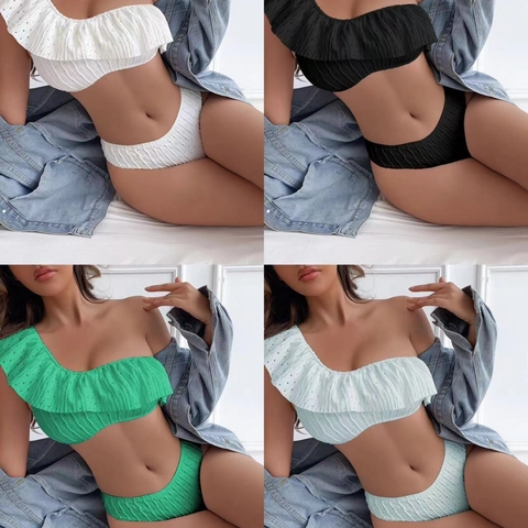 Costume Da Bagno Bikini Monospalla Asimmetrico Con Volant Pointelle Texturizzato Vita Alta Spiaggia Vacanze