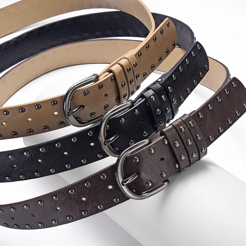 Dames PU Lederen Riem Dubbele Rij Metalen Klinknagels Gesp Retro Punk Mode Decoratief Voor Jeans
