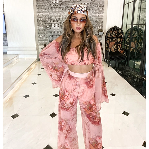 Women Chiffon Floral Print Off Shoulder Crop Top And High Waisted Wide Leg Pants Bohemian Vacation Style